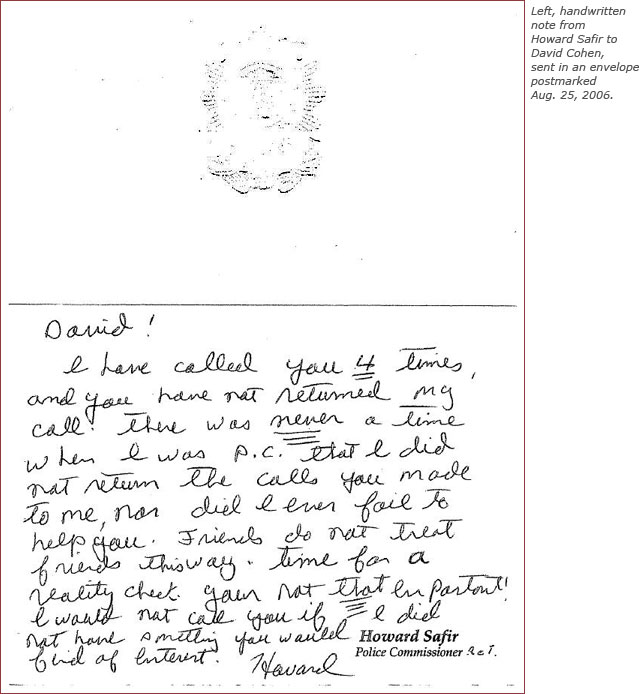 Handwritten note from Howard Safir to David Cohen, sent in an envelope postmarked Aug. 25, 2006.